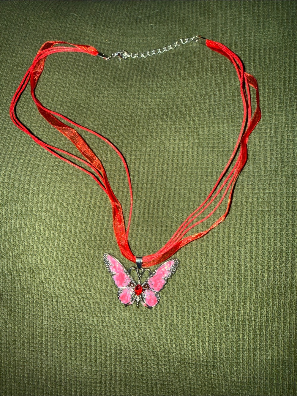 Red Ribbon Butterfly Pendant Necklace - Unbranded